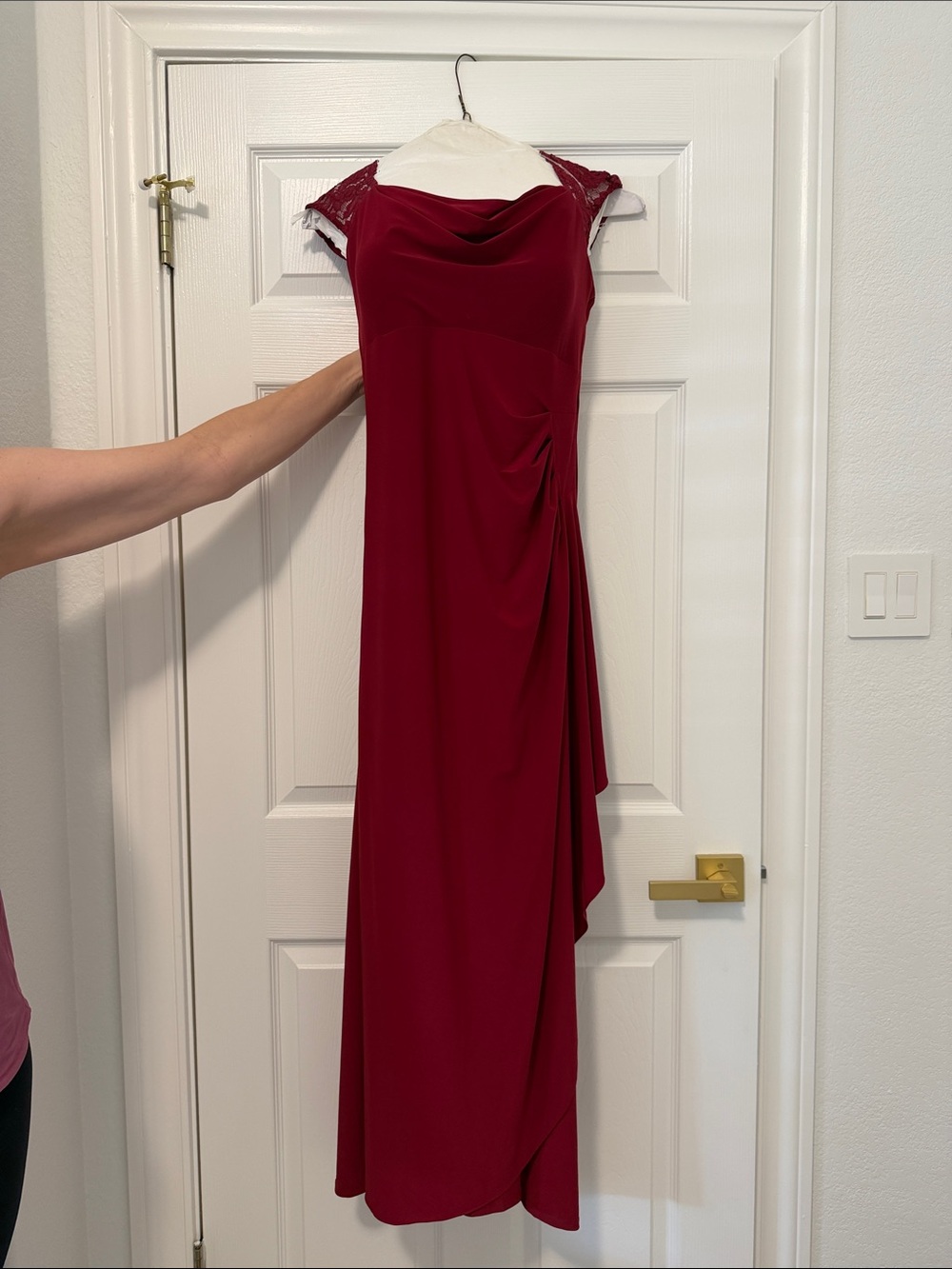 Cowl-Neck Burgundy Maxi Dress with Lace Cap Sleeves